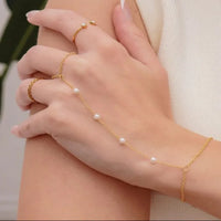 **Gold-Plated Pearl Hathphool Bracelet – Elegant Finger Ring Hand Chain for Women & Girls**
