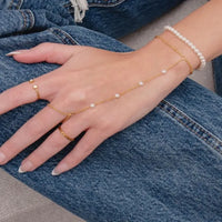**Gold-Plated Pearl Hathphool Bracelet – Elegant Finger Ring Hand Chain for Women & Girls**