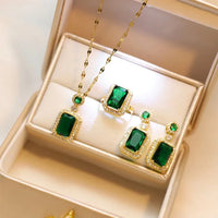 **Golden & Green 3-Piece Korean Jewelry Set – Necklace, Ring & Earrings for Women & Girls**