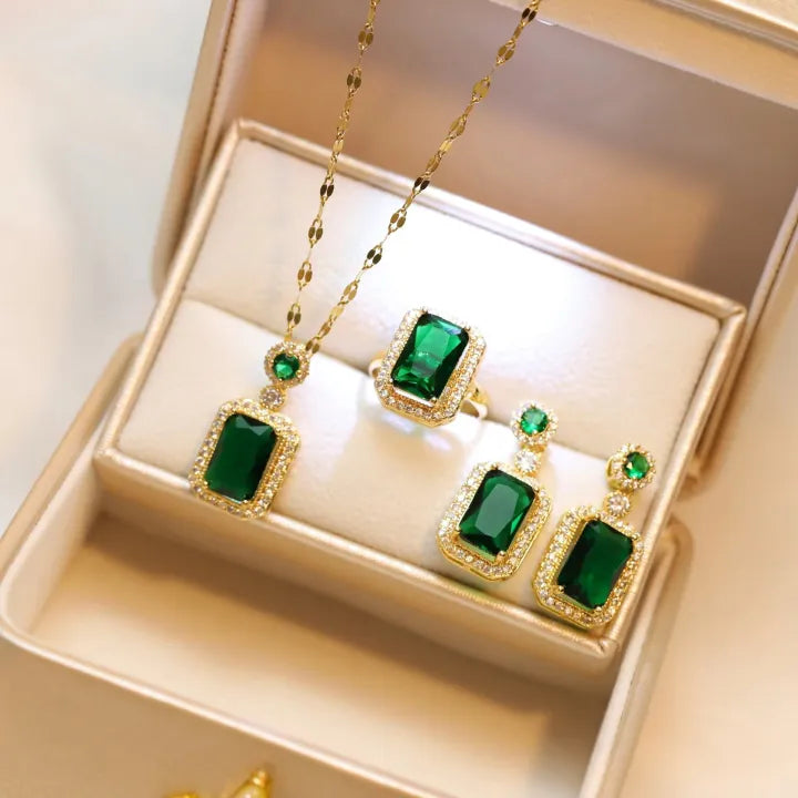 **Golden & Green 3-Piece Korean Jewelry Set – Necklace, Ring & Earrings for Women & Girls**