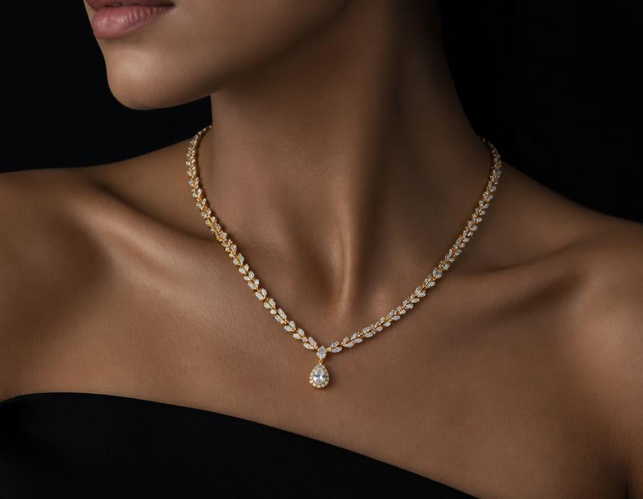 Model wearing a diamond necklace